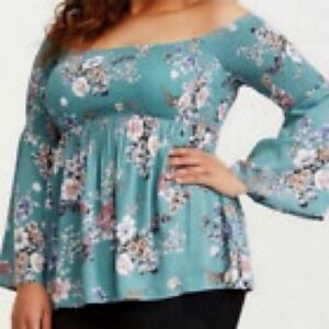 ✨Torrid Floral Print Off Shoulder Smocked Bell Sleeve Top Teal Green Size 0